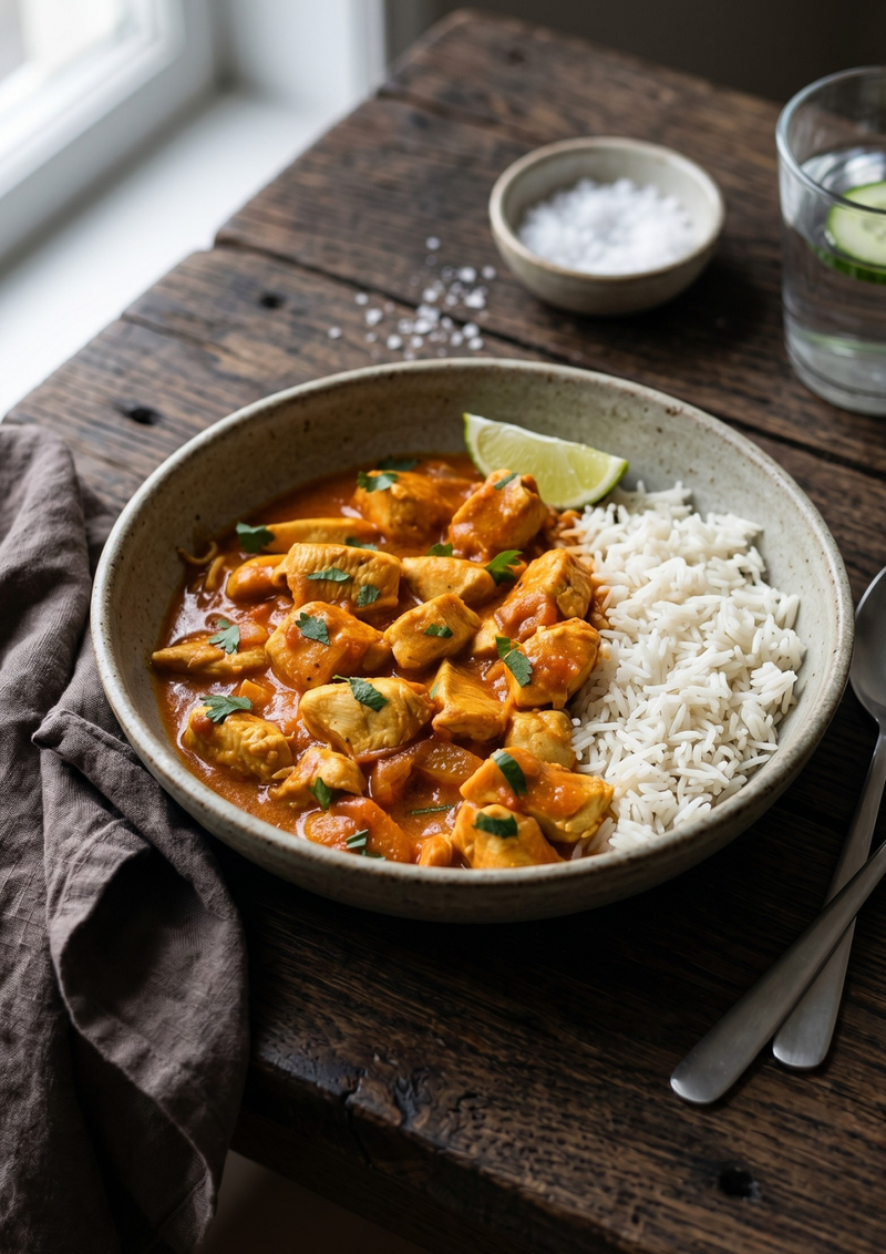 Pollo al curry  en passata de tomates y coco (800 grs.)